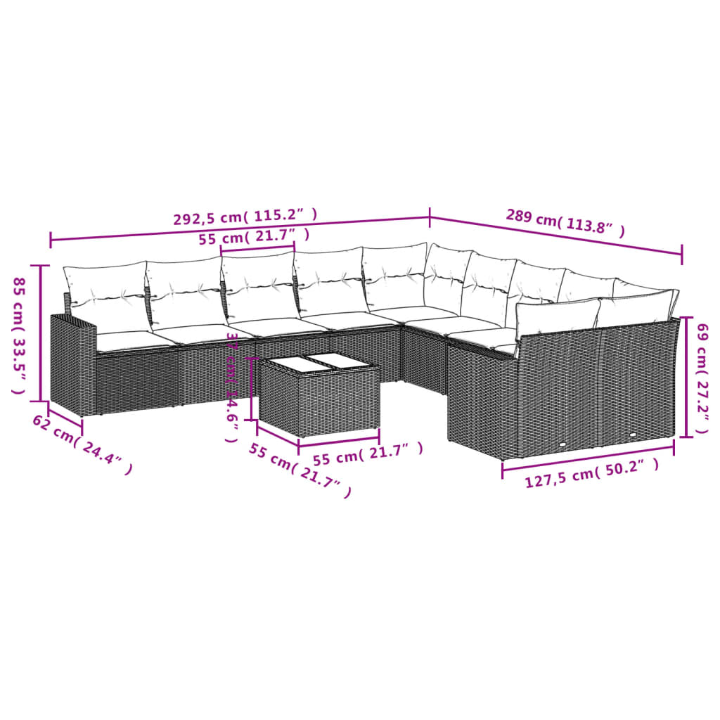 11-tlg. Garten-Sofagarnitur mit Kissen Grau Poly Rattan