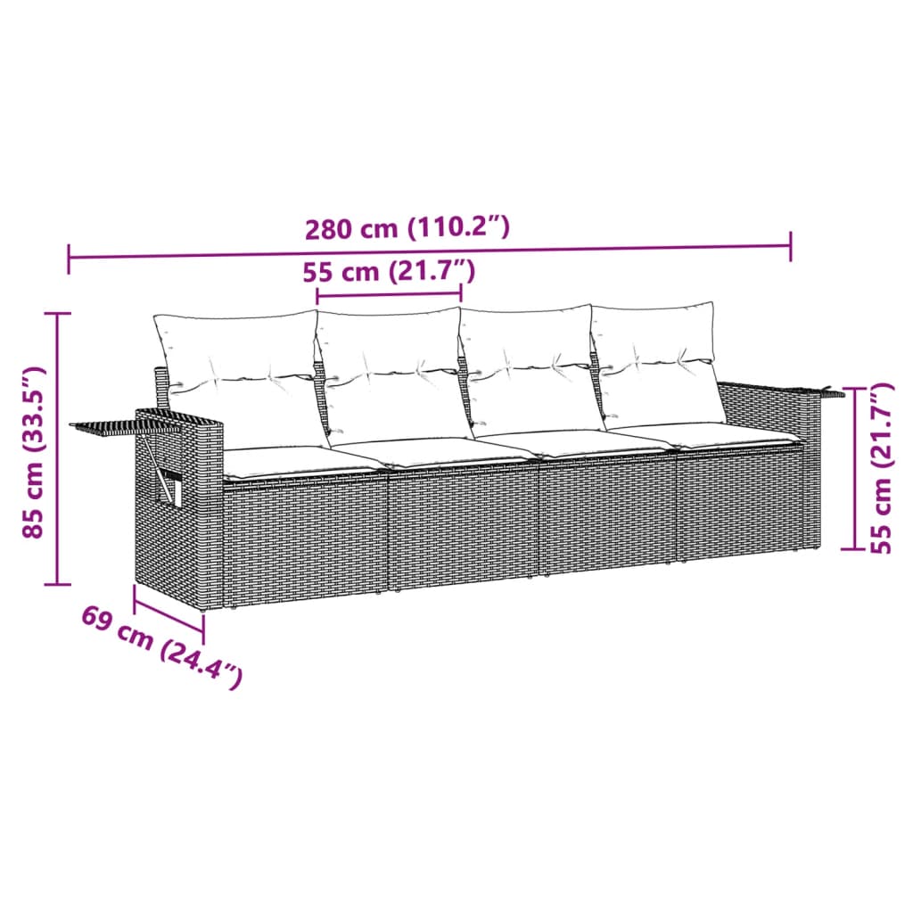 4-tlg. Garten-Sofagarnitur mit Kissen Hellgrau Poly Rattan