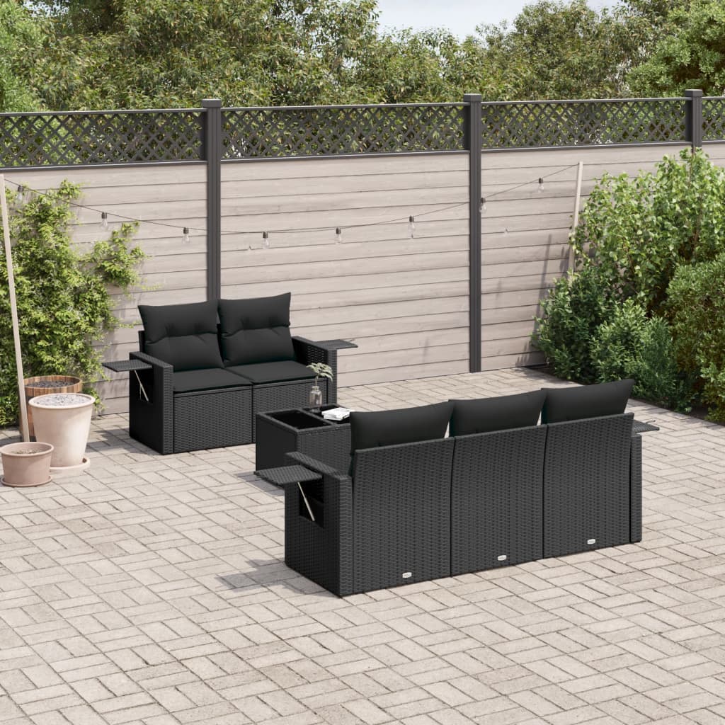 6-tlg. Garten-Sofagarnitur mit Kissen Schwarz Poly Rattan