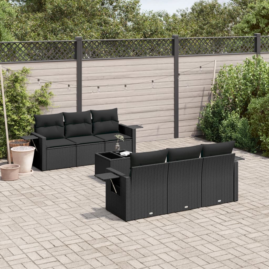 7-tlg. Garten-Sofagarnitur mit Kissen Schwarz Poly Rattan