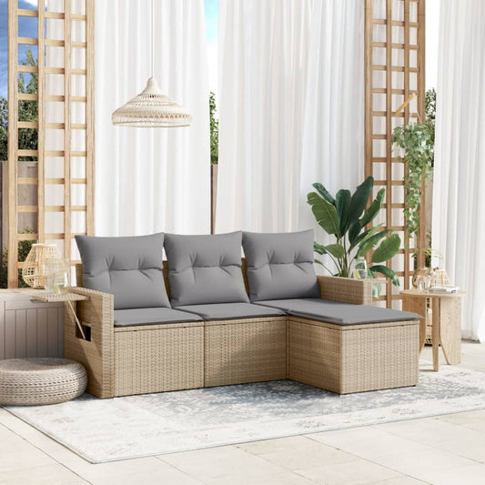 4-tlg. Garten-Sofagarnitur mit Kissen Beige Poly Rattan