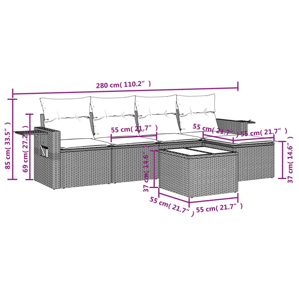 6-tlg. Garten-Sofagarnitur mit Kissen Schwarz Poly Rattan