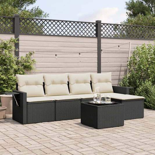 6-tlg. Garten-Sofagarnitur mit Kissen Schwarz Poly Rattan