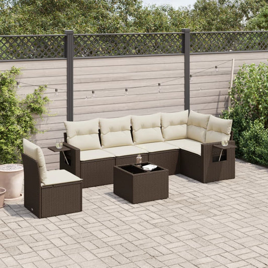 7-tlg. Garten-Sofagarnitur mit Kissen Braun Poly Rattan