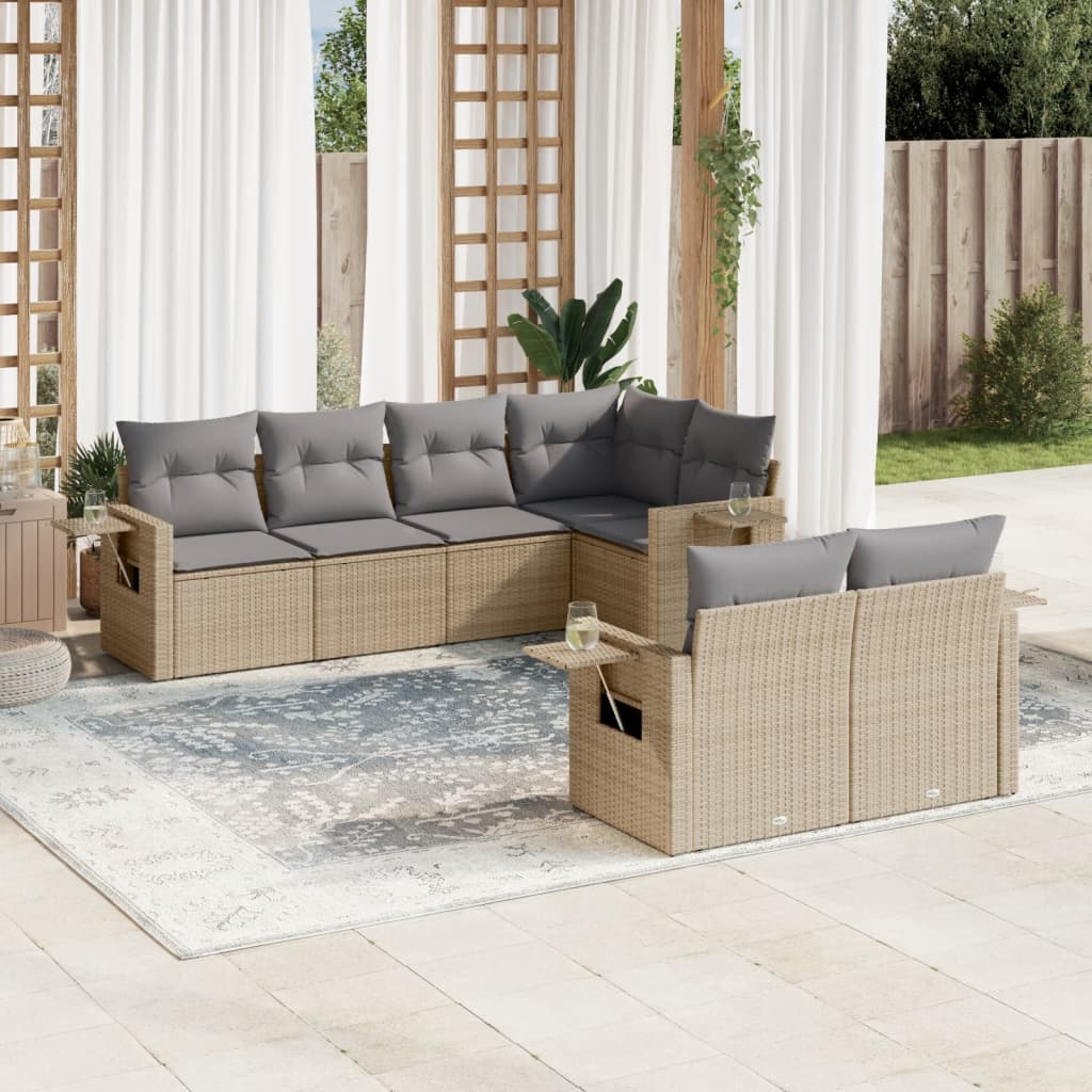 7-tlg. Garten-Sofagarnitur mit Kissen Beige Poly Rattan