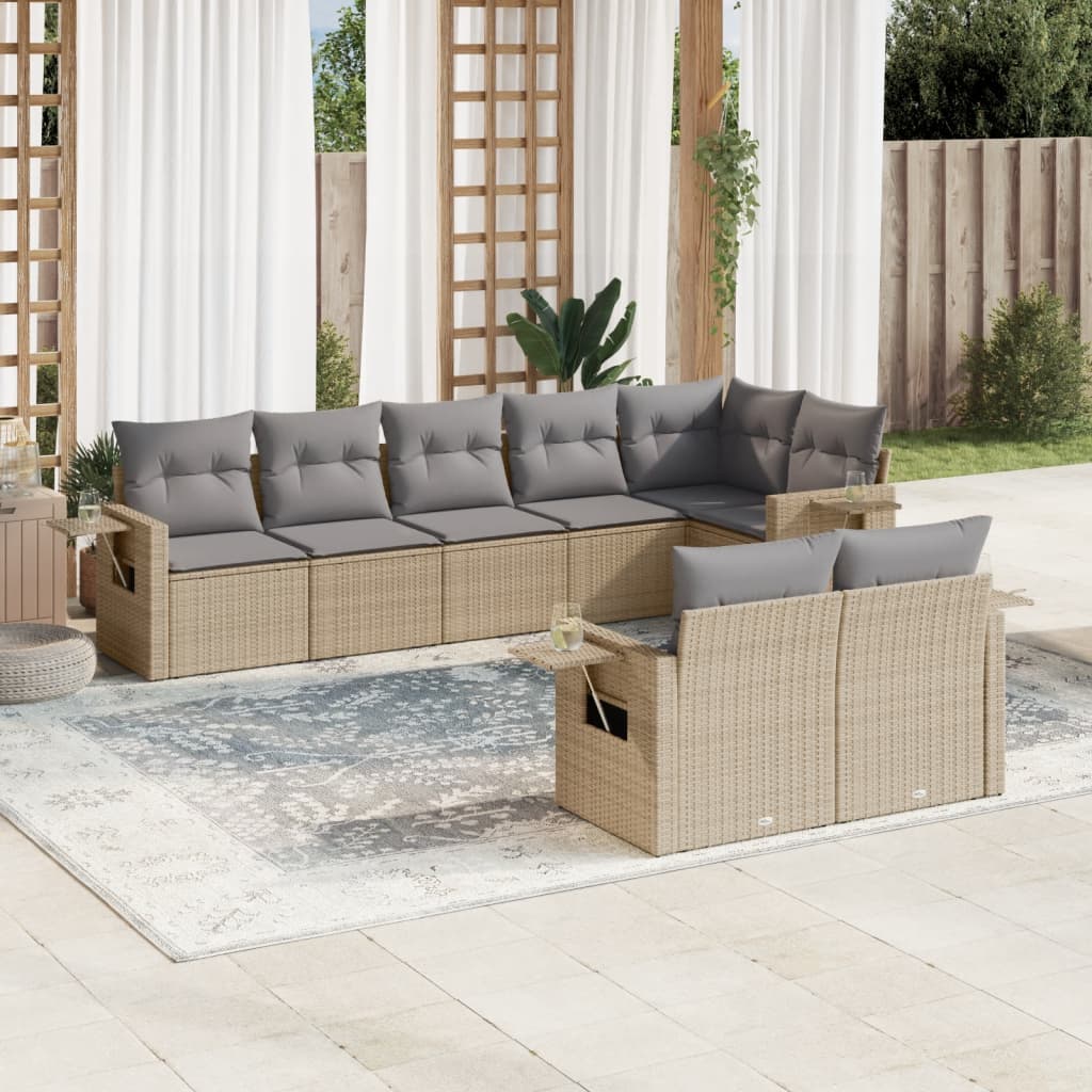 8-tlg. Garten-Sofagarnitur mit Kissen Beige Poly Rattan