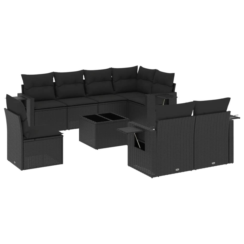 9-tlg. Garten-Sofagarnitur mit Kissen Schwarz Poly Rattan