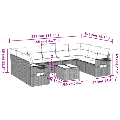 10-tlg. Garten-Sofagarnitur mit Kissen Schwarz Poly Rattan