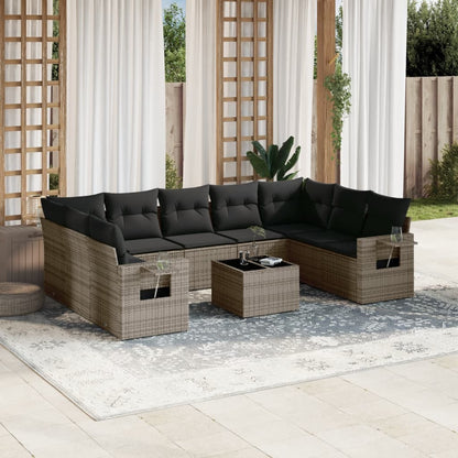 10-tlg. Garten-Sofagarnitur mit Kissen Grau Poly Rattan