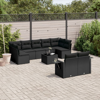 10-tlg. Garten-Sofagarnitur mit Kissen Schwarz Poly Rattan