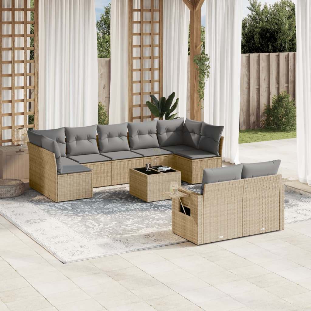 10-tlg. Garten-Sofagarnitur mit Kissen Beige Poly Rattan