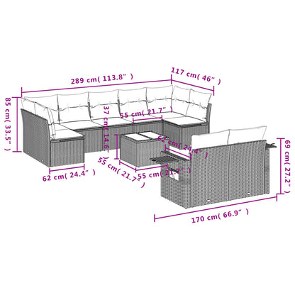 10-tlg. Garten-Sofagarnitur mit Kissen Hellgrau Poly Rattan