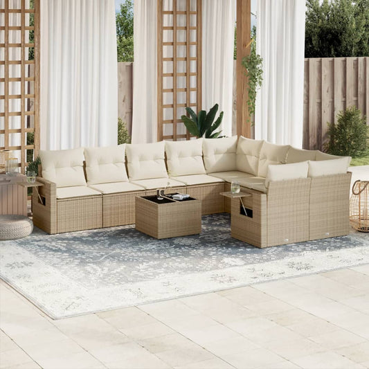 10-tlg. Garten-Sofagarnitur mit Kissen Beige Poly Rattan