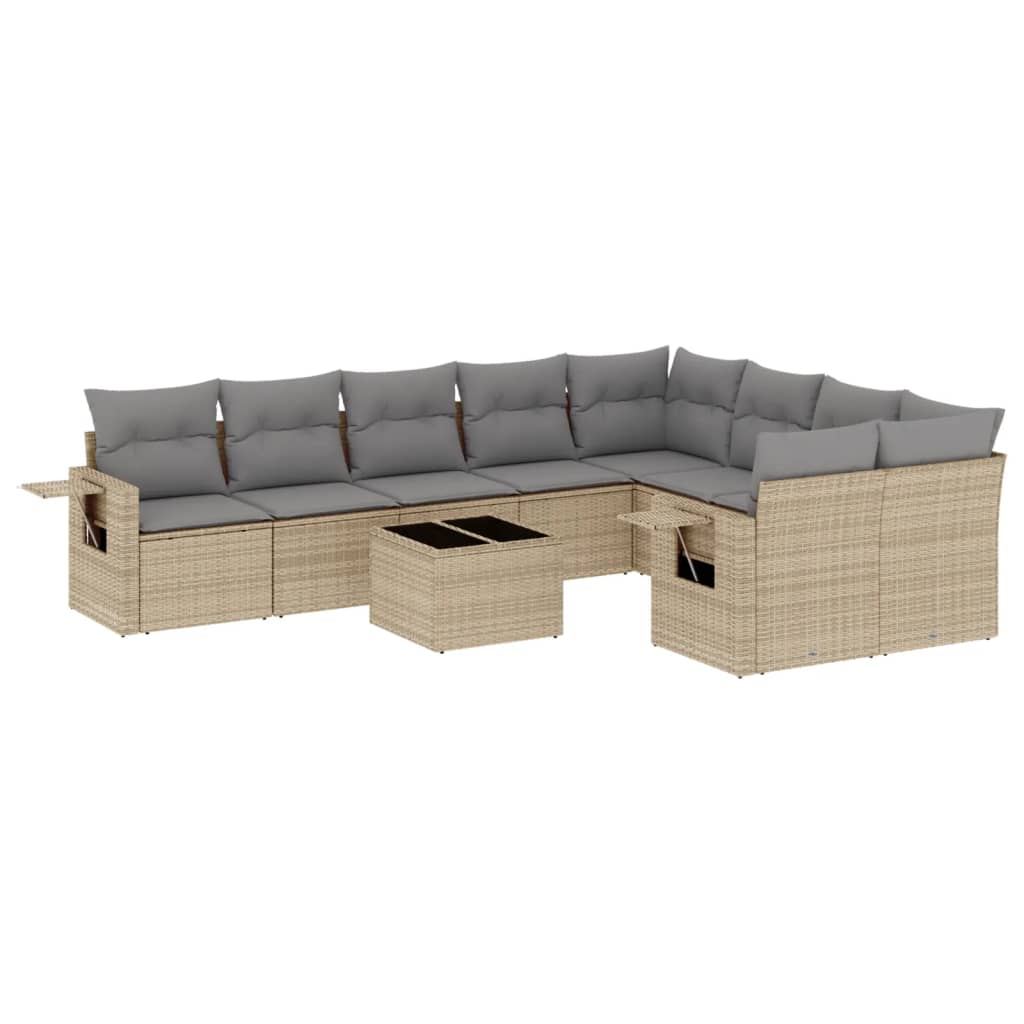 10-tlg. Garten-Sofagarnitur mit Kissen Beige Poly Rattan