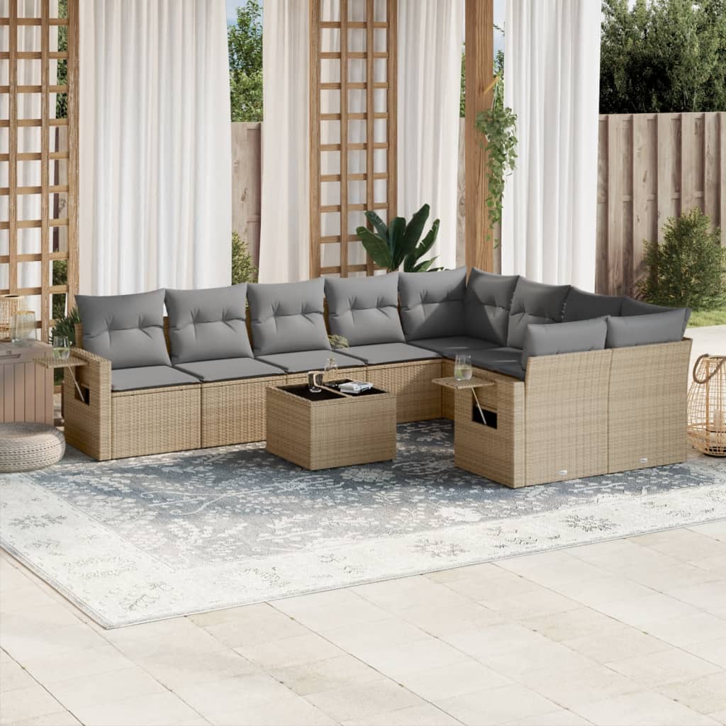 10-tlg. Garten-Sofagarnitur mit Kissen Beige Poly Rattan