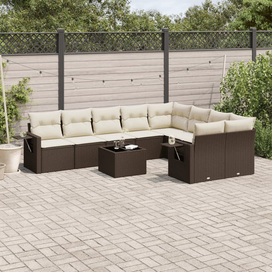 10-tlg. Garten-Sofagarnitur mit Kissen Braun Poly Rattan