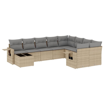 10-tlg. Garten-Sofagarnitur mit Kissen Beige Poly Rattan