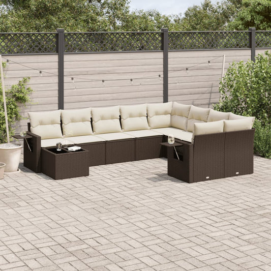 10-tlg. Garten-Sofagarnitur mit Kissen Braun Poly Rattan