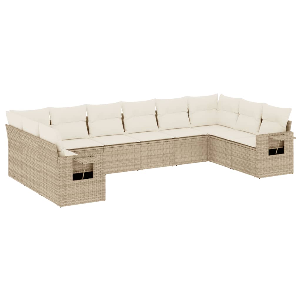 10-tlg. Garten-Sofagarnitur mit Kissen Beige Poly Rattan