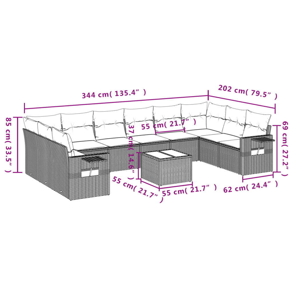 11-tlg. Garten-Sofagarnitur mit Kissen Schwarz Poly Rattan