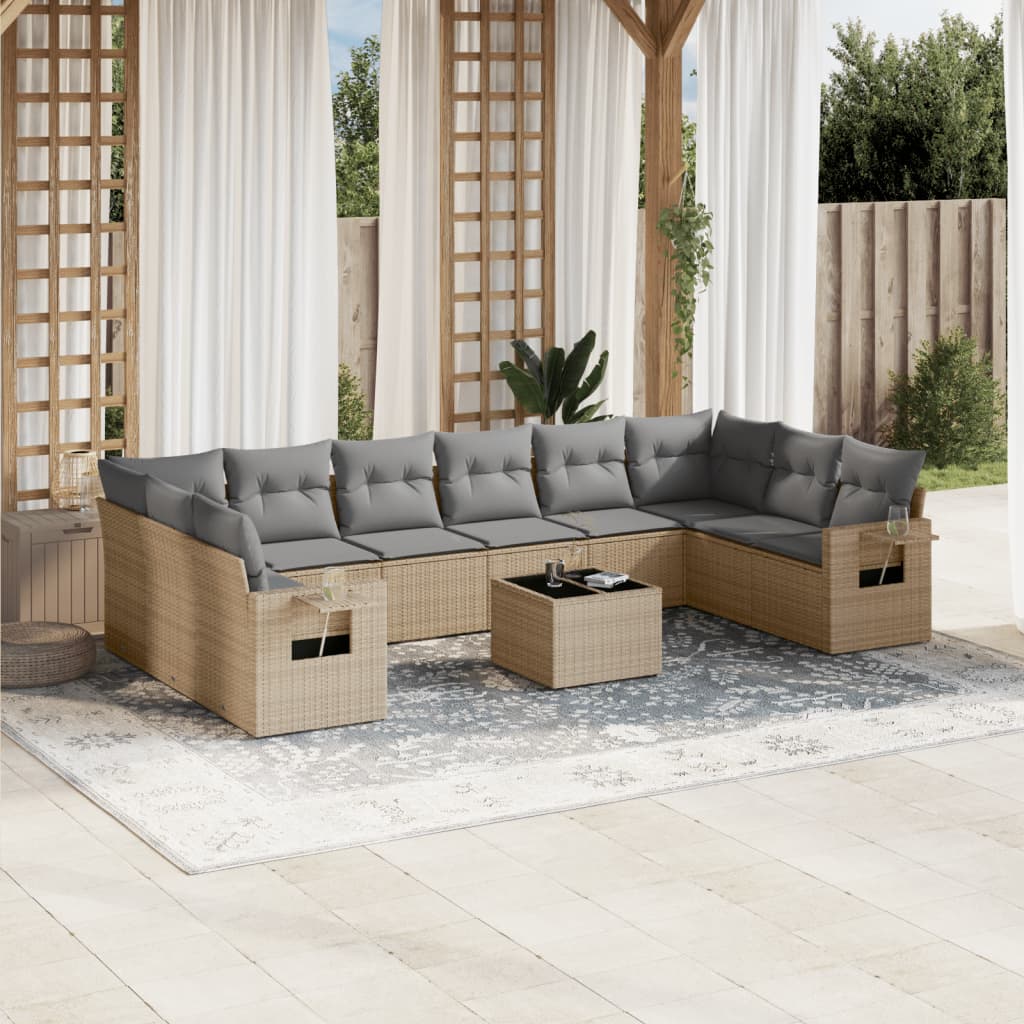 11-tlg. Garten-Sofagarnitur mit Kissen Beige Poly Rattan