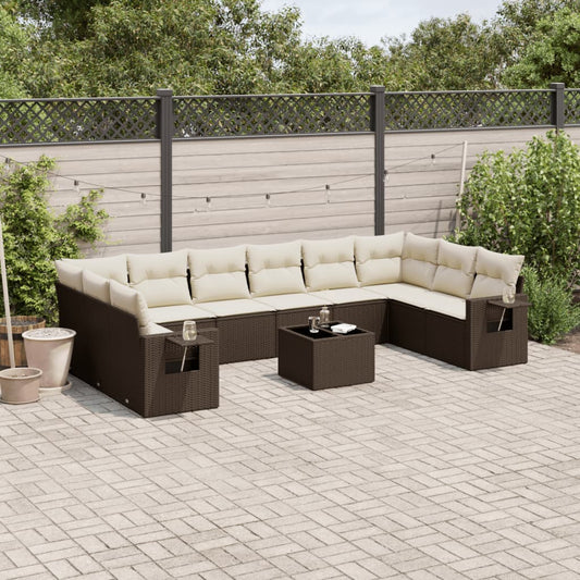 11-tlg. Garten-Sofagarnitur mit Kissen Braun Poly Rattan