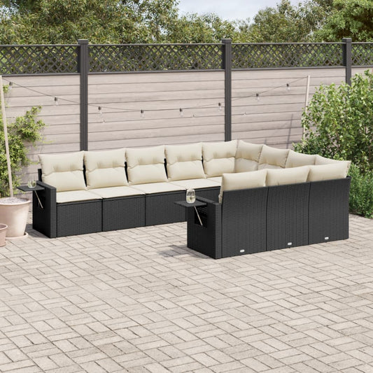 10-tlg. Garten-Sofagarnitur mit Kissen Schwarz Poly Rattan