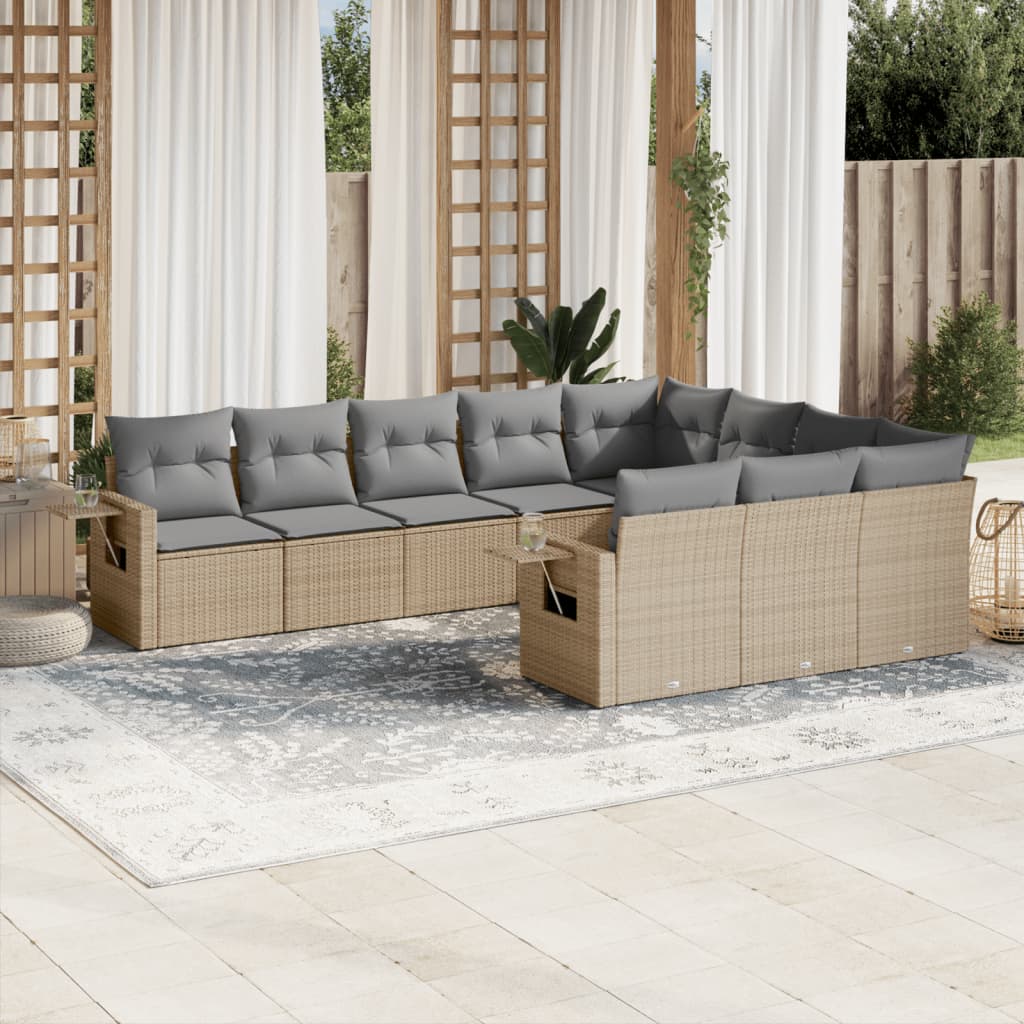 10-tlg. Garten-Sofagarnitur mit Kissen Beige Poly Rattan