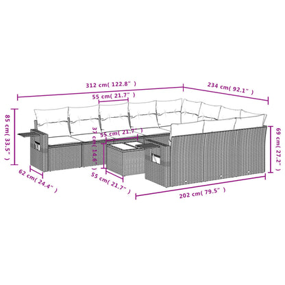 11-tlg. Garten-Sofagarnitur mit Kissen Schwarz Poly Rattan