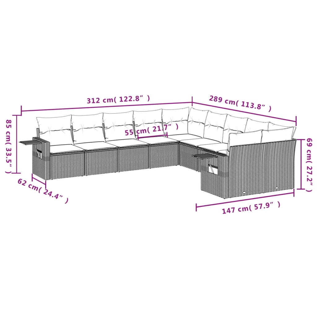 10-tlg. Garten-Sofagarnitur mit Kissen Schwarz Poly Rattan