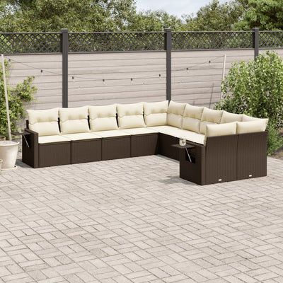 10-tlg. Garten-Sofagarnitur mit Kissen Braun Poly Rattan