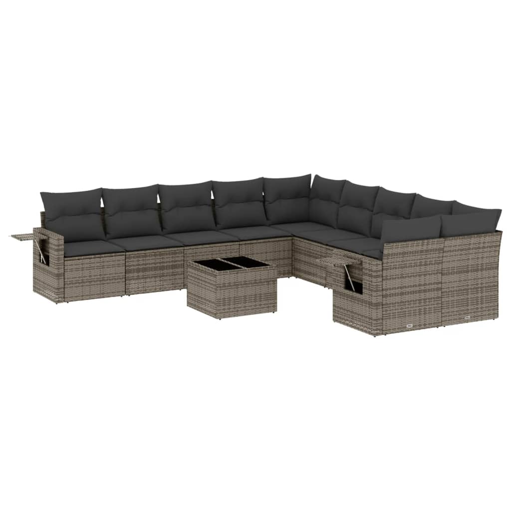 11-tlg. Garten-Sofagarnitur mit Kissen Grau Poly Rattan