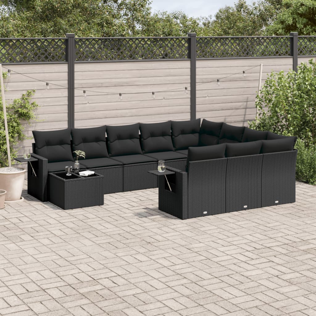 11-tlg. Garten-Sofagarnitur mit Kissen Schwarz Poly Rattan