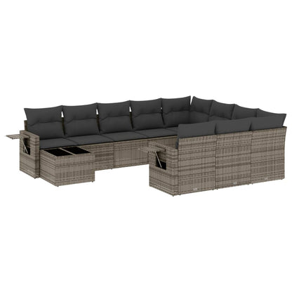 11-tlg. Garten-Sofagarnitur mit Kissen Grau Poly Rattan