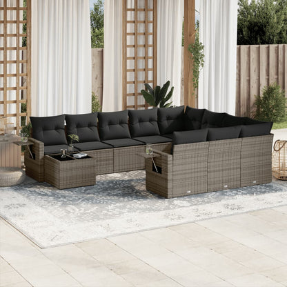 11-tlg. Garten-Sofagarnitur mit Kissen Grau Poly Rattan