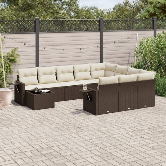 11-tlg. Garten-Sofagarnitur mit Kissen Braun Poly Rattan