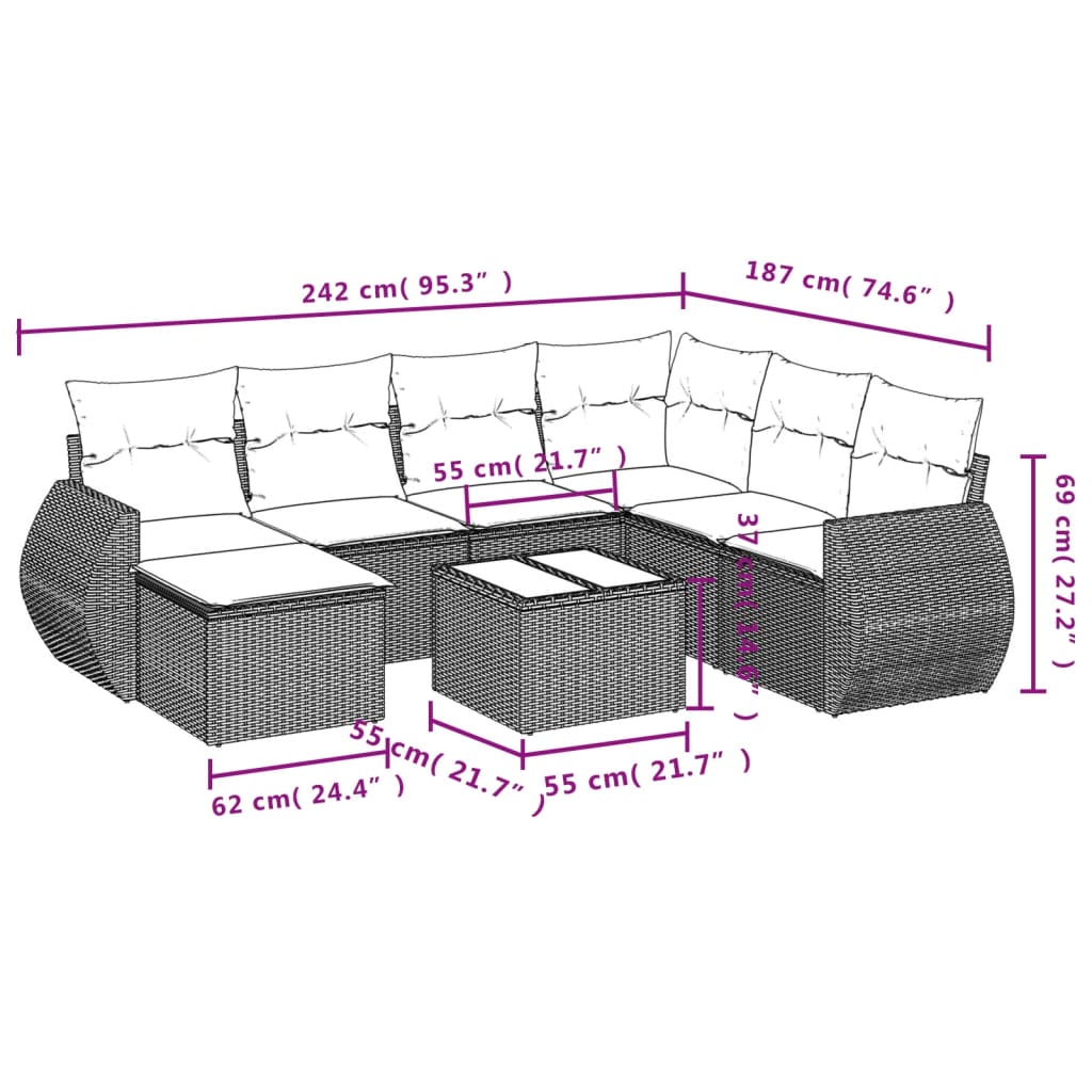 8-tlg. Garten-Sofagarnitur mit Kissen Braun Poly Rattan