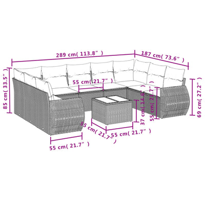 10-tlg. Garten-Sofagarnitur mit Kissen Schwarz Poly Rattan