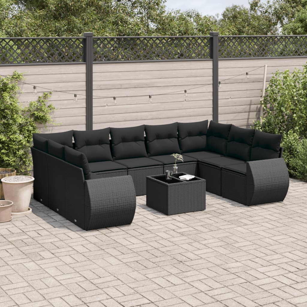 10-tlg. Garten-Sofagarnitur mit Kissen Schwarz Poly Rattan