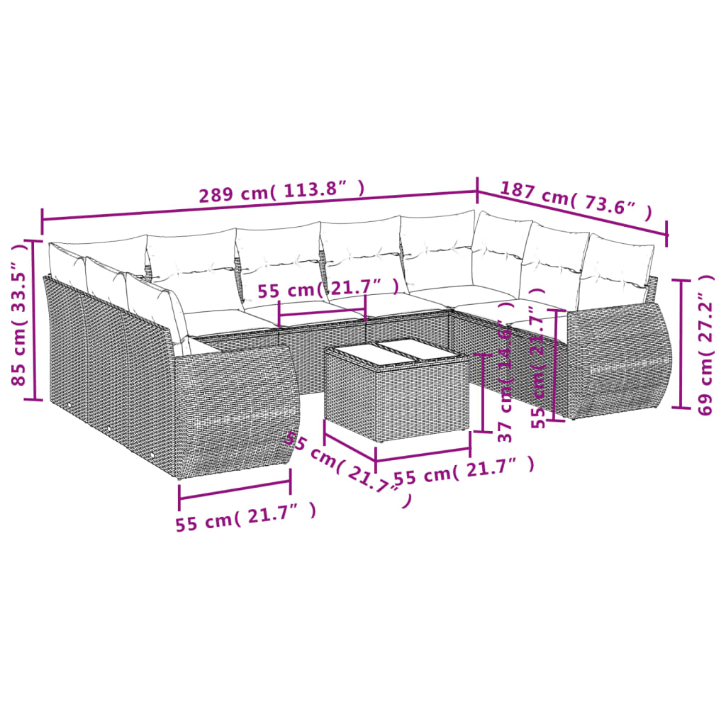 10-tlg. Garten-Sofagarnitur mit Kissen Grau Poly Rattan