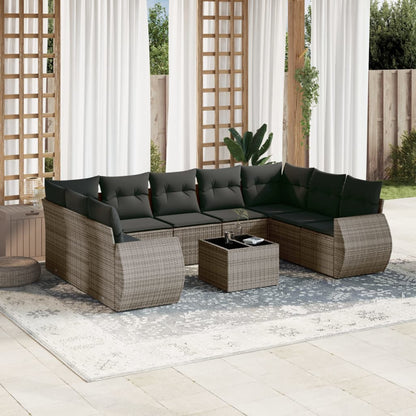 10-tlg. Garten-Sofagarnitur mit Kissen Grau Poly Rattan