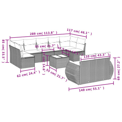 10-tlg. Garten-Sofagarnitur mit Kissen Grau Poly Rattan