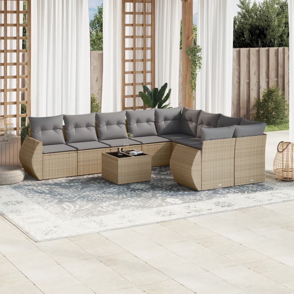 10-tlg. Garten-Sofagarnitur mit Kissen Beige Poly Rattan