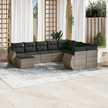 10-tlg. Garten-Sofagarnitur mit Kissen Grau Poly Rattan