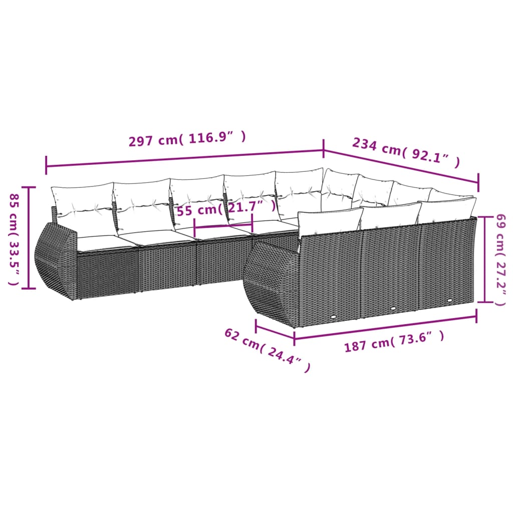 10-tlg. Garten-Sofagarnitur mit Kissen Hellgrau Poly Rattan