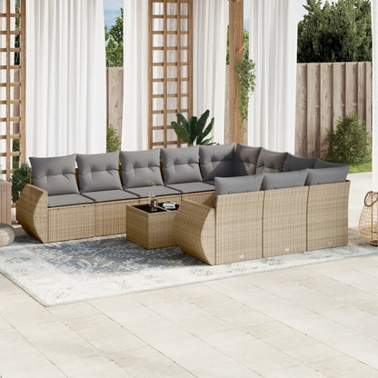 11-tlg. Garten-Sofagarnitur mit Kissen Beige Poly Rattan