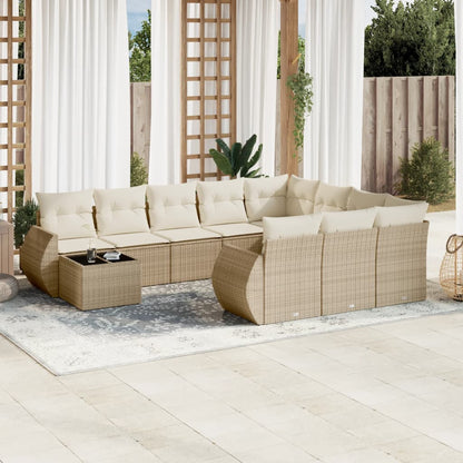 11-tlg. Garten-Sofagarnitur mit Kissen Beige Poly Rattan