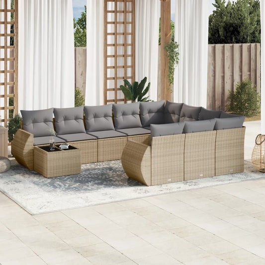 11-tlg. Garten-Sofagarnitur mit Kissen Beige Poly Rattan