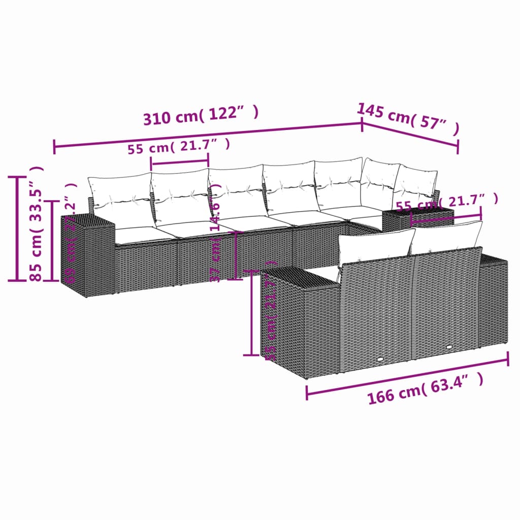 8-tlg. Garten-Sofagarnitur mit Kissen Grau Poly Rattan