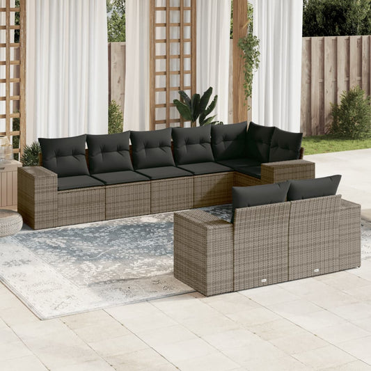 8-tlg. Garten-Sofagarnitur mit Kissen Grau Poly Rattan